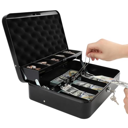 Parrency K-Black Cash Box with Money Tray, Key Lock, 11.8 x 9.5 x 3.5 in