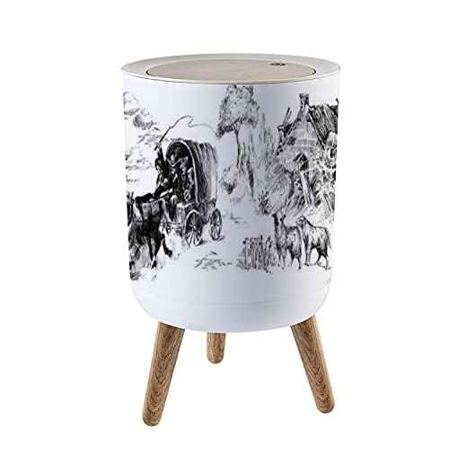 Small Trash Can with Lid Vintage Western Ranch Seamless American Wild west Garbage Bin Wood Waste Bin Press Cover Round Wastebasket for Bathroom Bedroom Kitchen 7L/1.8 Gallon