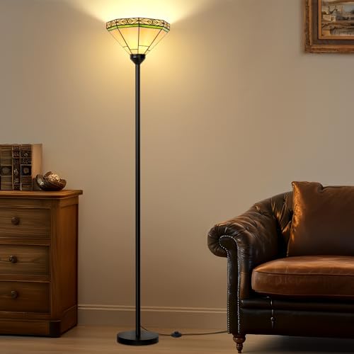 Seaside village Tiffany Floor Lamp, Torchiere Standing Lamp with Stained Glass Shade, Vintage Tall Pole Lamp with Foot Switch, Decorative Corner Light for Living Room Bedroom Home Office(E26 Base)