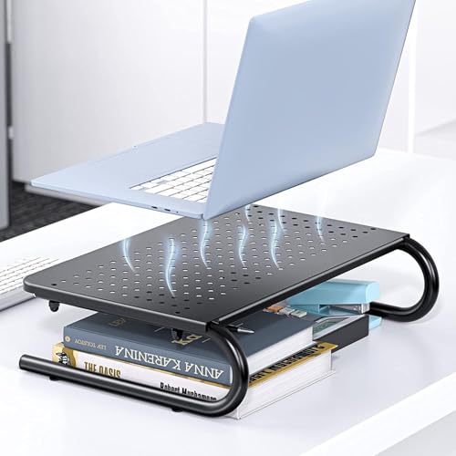 HUANUO Black Monitor Riser Stand with Ventilated Steel Shelf, Ergonomic Desk Accessory