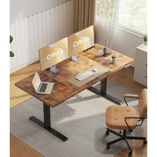 OffiGo Electric Standing Desk with 3-Piece Board, 71 Inch Height Adjustable Large Desk with Power Outlets, Sit Stand Table, Writing Computer Desk for Home, Office, Workstation, Rustic Brown