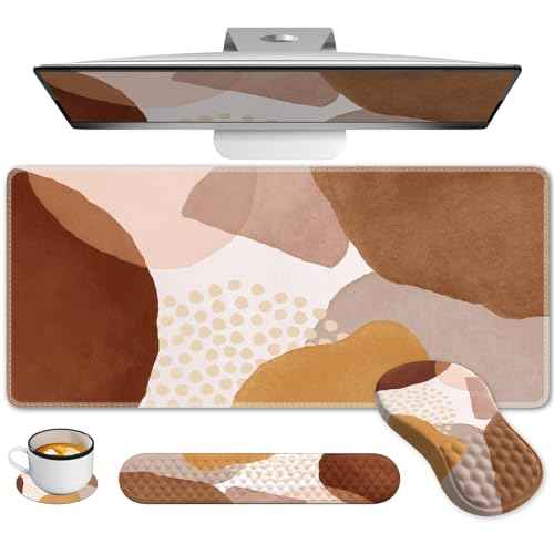 Large Mouse Pad with Wrist Rest and Keyboard Pad, Desk Pad Mat Set, 4PCS Carpal Tunnel Boho Mousepad with Wrist Support Combo, XXL Computer Office Desk Matt for Desktop Laptop, Brown Coffee