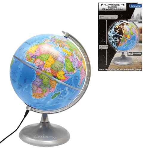 Lexibook Luminous Globe Planetarium, STEM, 2-in-1 Globe during the day, Constellation map at night, Blue/Black, NLJ185EN