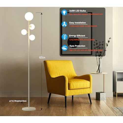 Fiqevs 4 Globe Floor Lamp for Living Room, Modern Standing Lamp with Frosted Sphere Glass Shade, 3000K Warm Light LED Bulbs Included, Tall Tree Lamp for Bedroom, Home & Office - White