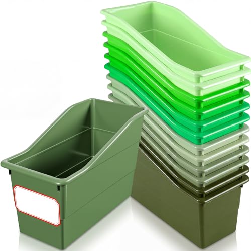 12-Pack Plastic Book Bins with Labels for Classroom & Office Storage