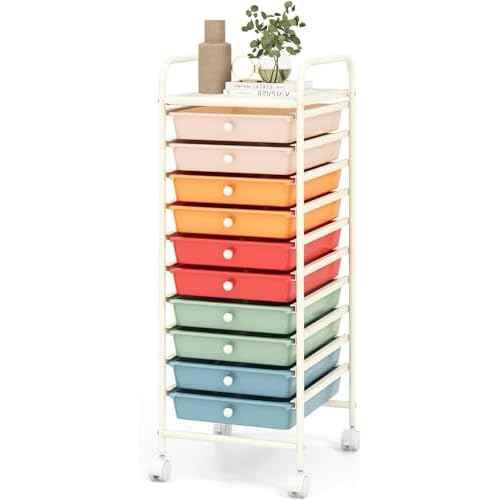 10-Drawer Rolling Storage Cart, Multi-Color, Alloy Steel Frame, Plastic Drawers, Lockable Casters