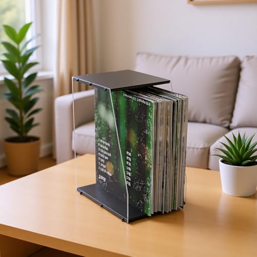 Vinyl Record Storage Rack, 40LPs+ Capacity Wooden Vinyl Albums Display Organizer with Acrylic Board, Quick Assembly Retro Style Record Storage Box for CD, Magazine, File