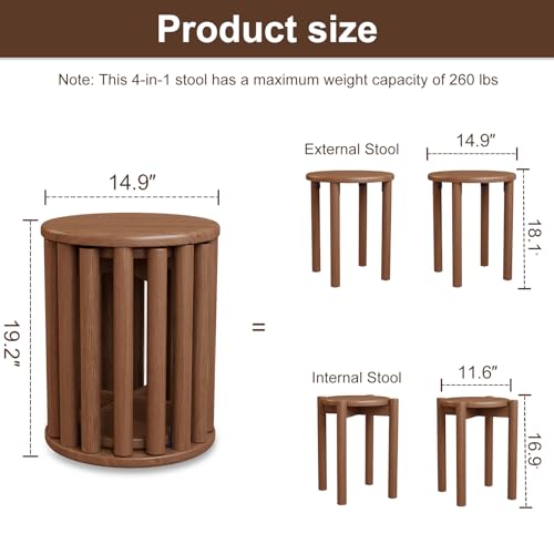 Walnut 4-Piece Solid Wood Stackable Stools Set – 18 Inch Interlocking Coffee Table Chairs