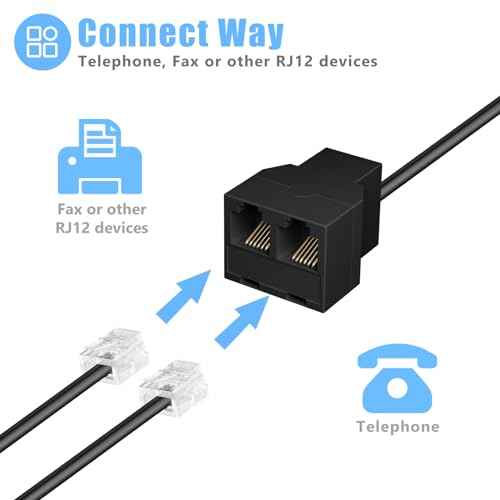 Phone Line Splitter for Landline, 30 Pack RJ12 6P6C Plug with 3Female Phone Jack Splitter 1 in 2 Out, Two Way Telephone Line Connector, Black