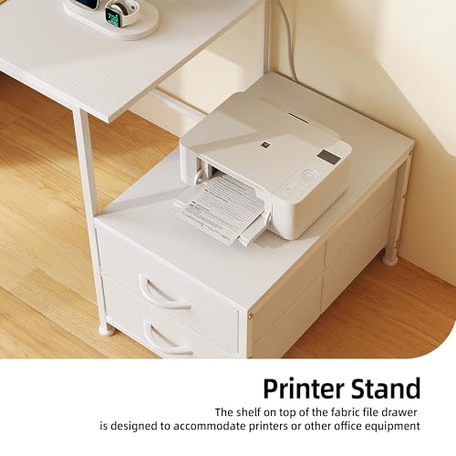 52 Inch White Office Desk with 6 Storage Drawers, Reversible Printer Shelf & Power Outlets