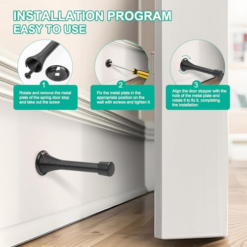 6 Pack Black Spring Door Stops - 3-1/4" Heavy Duty Wall Mount Door Stoppers with Rubber Tips, ZUOYIGD