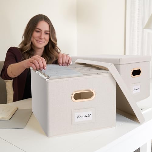 Ivory Linen File Organizer Box Set of 2 - Collapsible, Portable & Stylish Storage