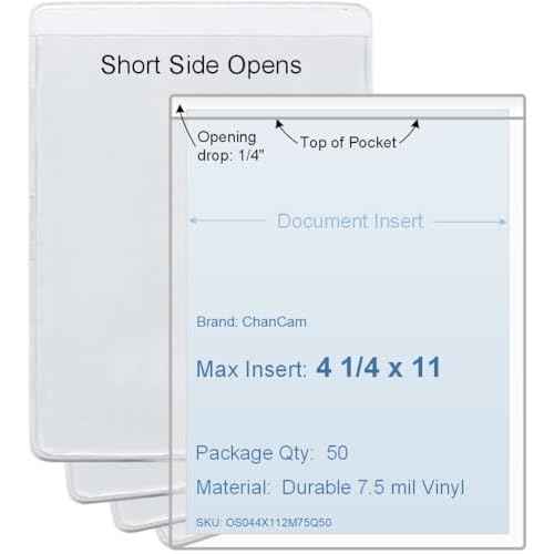 4 1/4 x 11 Vinyl Plastic Sleeve, Set of 50, Short Side Opening, Durable 7.5 mil Crystal Clear Vinyl