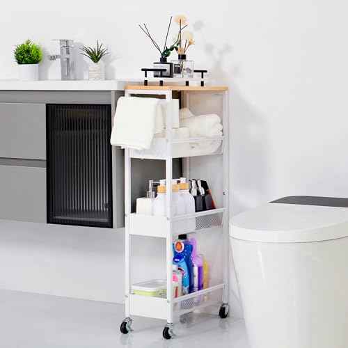 4 Tier Slim Rolling Utility Cart with Wheel, Metal Narrow Storage Cart with Handle and Wood Top, Multifunctional Small Mobile Shelf Unit Organizer Trolley for Laundry, Bathroom, Kitchen