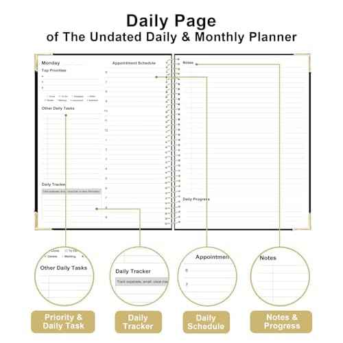 Undated Daily Monthly Planner for 2025 2026 - A4 To Do List with Hourly Schedule, Hardcover Spiral Bound Daily Planner to Increase Focus, Stylish School/Office Supplies, 8.5" x 11", Black