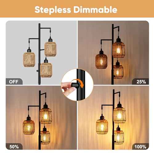 ROTTOGOON Dimmable Boho Floor Lamp - 3 Light Farmhouse Rattan Floor Lamp for Living Room, Industrial Tree Floor Lamps with 3 X 6W LED Bulbs, Rustic Standing Tall Lamp for Bedroom, Office, 68", Black