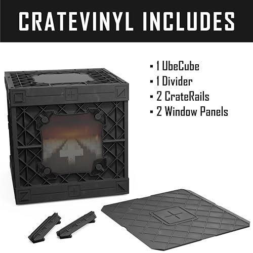 CrateVinyl - Vinyl Record Storage Crate Modular Storage Cube for LP Albums with Divider and 2 Clear Panels (Black crate - Smoke panels)