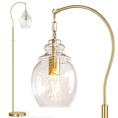QiMH Gold Floor Lamps for Living Room, Modern Standing Lamp for Bedroom, 70" Tall Lamp for Corner, Arc Floor Lamp with Seeded Glass Lamp Shade, Dimmable Floor Lamp for Reading Office Nursery