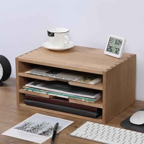 3-Tier Paper Storage Letter Tray File Sorter - Wood Desktop Document Organizer Holders with Mail Sorter, School & Home Magazine File Dividers, Book Rack Shelf Stand for HD-SJ3K (Light)