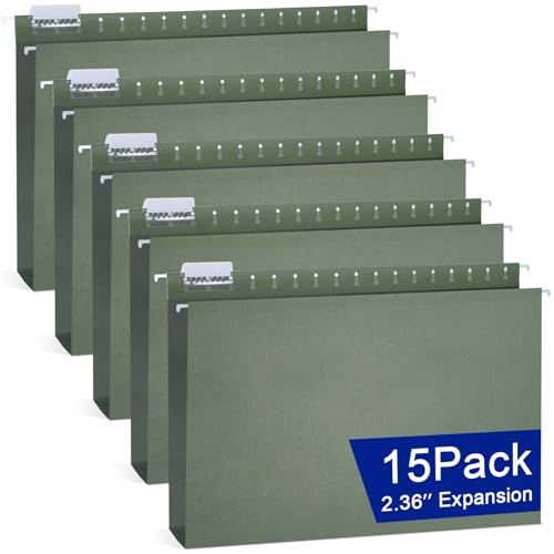 gisgfim 15 Pack Reinforced 11x17 Hanging File Folders 1/5 Cut Heavy Duty Hanging File Folders with Plastic Tabs & Label Cards Expanding Hangers File Organizer for Drawing Engineering Document (Green)