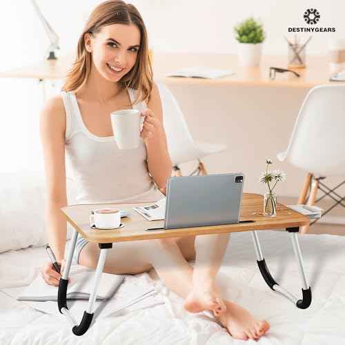Lap Desk Bed Trays for Eating and Laptops Breakfast in Bed Tray for Sofa/Couch/Study/Reading/Writing with Cup Holder/Drawer On Low Sitting Floor Large Portable Foldable (Walnut Beige)