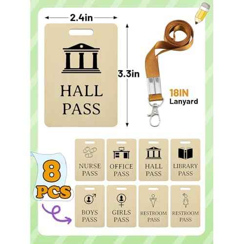 8 Sets School Hall Pass Lanyards - Sturdy Wooden Passes for Classrooms Hall Library Office Restroom Nurse Student Teacher Supplies