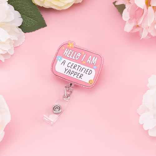 Funny Nurse Badge Reel Pink Cute Badge Reel with Clip Nursing Retractable Hello I Am a Certified Yapper Card Holder for Nurses Social Worker