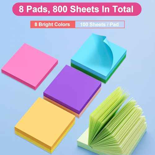 Sticky Notes 3x3 Inch, 8 Pads, 800 Sheets, 8 Bright Colors Sticky Note Pad, Bulk Self-Stick Pads, Home Office School Supplies, Clean Removal, Recyclable, Easy to Post for Notebook, 100 Sheets/Pad