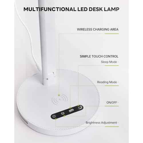 Upgraded LED Desk Lamp with Wireless Charger, Stepless Dimmable Foldable Table Lamp for Home Bedroom Office Sturdy Room, 3 Color Temperatures, Memory Function