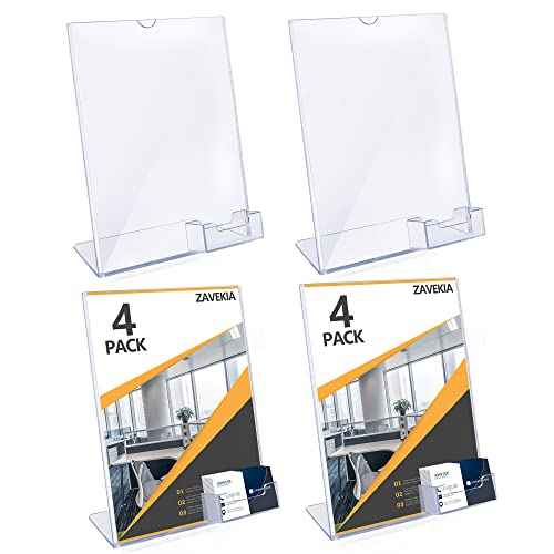 zavekia 8.5 x 11 Acrylic Sign Holder with Business Card Holder, Brochure Display Stand for desktop (8.5 x11 in/4 pack)