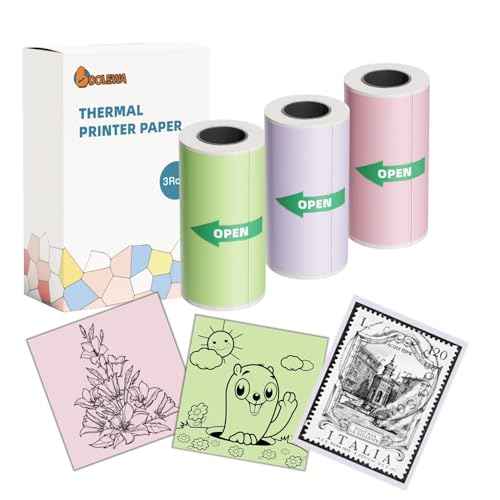 53mm x 3.5m Pink/Green/Purple Adhesive Thermal Sticker Paper 3 Rolls, Mini Thermal Printer Paper, Compatible With Dolewa LX-D2, for Notes, List, Stickers, Printing Black & White Photos