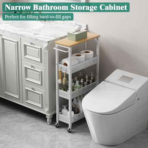 Giwil Slim Rolling Storage Cart 4 Tier Bathroom Organizer Mobile Shelving Unit Utility Cart with Wood Top and Handle for Kitchen Laundry Narrow Places, White