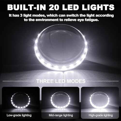 30X Charge Magnifier with Light, NUEYiO 4.33Inch Large Handheld Magnifying Glass with Light, 20 Daylight LEDs & Third Gear Dimming Lighted Magnifying Glass for Seniors Reading Inspection Coin Jewelry