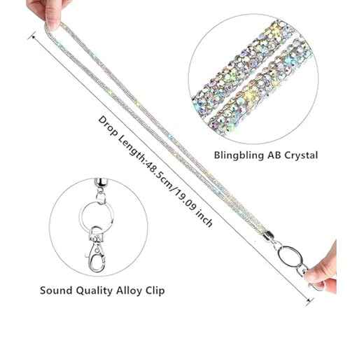 Fashion 34.8'' Sparkle All Round Strap Crystal Neck Lanyard,Exclusive Bling Work Name Card Holder,Rhinestone Cellphone Necklace ID Badge Reel Clip for Women,Bonus Cellphone Safety Tab(AB White,1PC)