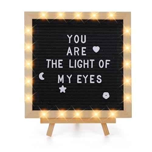Changeable Felt Letter Board with LED Lights - 10¡¿10" Message Custom Signs & Wood Stand & 450 Letters, Poster Board for Christmas/Pregnancy/Baby Announcement/Classroom Wall Decor Gifts, Black