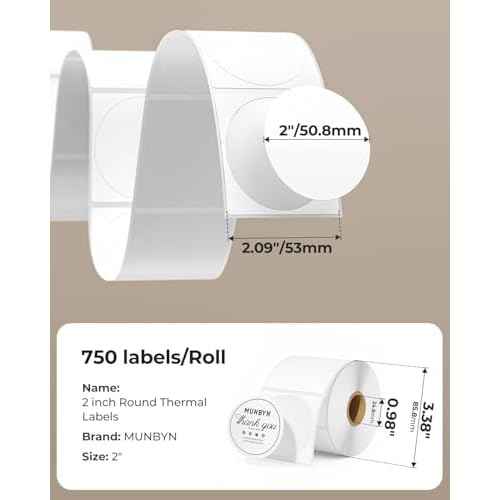 MUNBYN 2 Inch Circle Thermal Sticker Labels, Self-Adhesive Round Direct Thermal Labels for Business, 750 Sheets/1 Roll