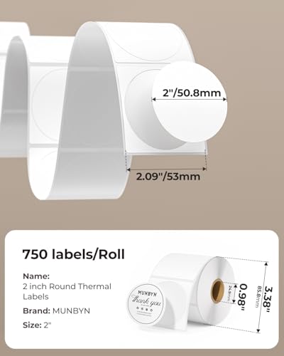MUNBYN 2 Inch Circular Thermal Labels - White, 750 Sheets/Roll, Compatible with Thermal Printers