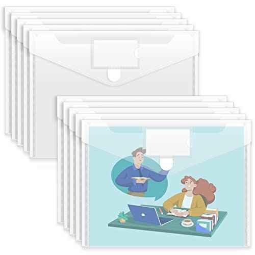 Sooez 10 Pack Plastic Envelopes File Folders, Clear Folder for Document US Letter A4 Size Poly Envelopes with Label Pockets for School Home Work Office Organizer, Clear