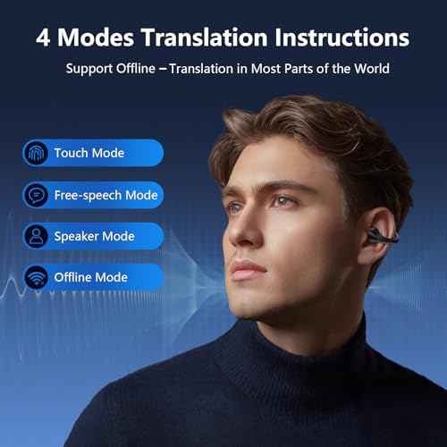 AI Translation Earbuds Real Time 144 Languages Clip On Earbuds Translator Headphones Audifonos Traductores Ingl?s Espa?ol Bluetooth 60H Playtime Headphones for Travel Business Meeting Learning Black