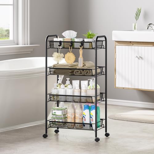 4-Tier Metal Utility Cart, Mesh Wire Rolling Cart on Wheels, Storage Trolley with Easy Assembly, Organizer Craft Cart 3 Hooks, Mobile Shelving Unit for Bathroom, Laundry Room, Home