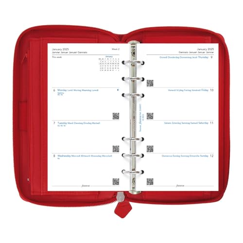 Filofax Saffiano Zip Organizer, Personal Compact Size, Poppy - Cross-Grain, Leather-Look, Six Rings, Week-to-View Calendar Diary, Multilingual, 2025 (C022534-25)