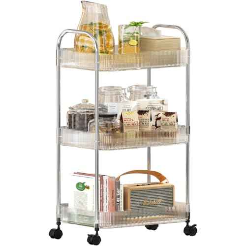 3 Tier Rolling Cart with Wheels, Utility Trolley with Handle, Clear Acrylic Movable Storage Organizer for Kitchen, Bathroom, Nursery, Laundry, Book, Snack, Craft