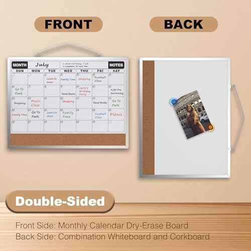 Monthly Calendar Dry Erase Board 16x12 Inch, Double-Sided Whiteboard and Corkboard Combo, Wall Mounted Planner Organizer with Markers, Magnets, Push Pins, Eraser, for Home Office School