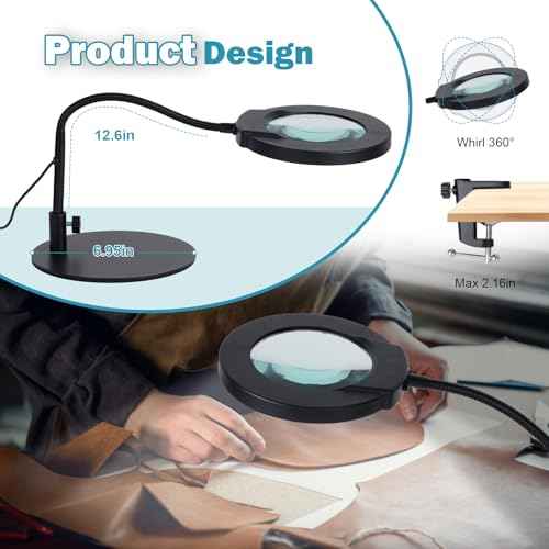 10X Magnifying Glass with Light and Stand, 4.3" Real Glass Lens, 5 Color Modes & Stepless Dimming LED Desk Lamp, Hands-Free Magnifier with Clamp & Flexible Gooseneck for Crafts, Hobby, Close Work