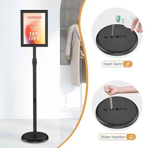 Sign Stand Holder 8.5x11 Inches, Stand Up Sign Holder 8.5 x 11 with Rotated Frame, Height Adjustable Sign Stand and Snap-Open Frame