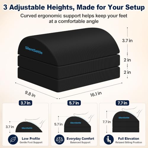 SilentSettle Foot Rest Under Desk, 3-Height Adjustable Foot Stool - Black (Large)