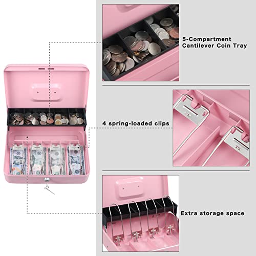 Pink Key Lock Cash Box with Secure Metal Storage for Coins & Bills