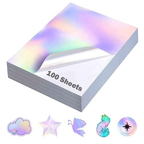 100 Sheets Holographic Sticker Paper 8.5 x11 inch for Inkjet Printer & Laser Printer US letter size Holographic Printable Vinyl Rainbow Sticker Printer Paper Adhesive Waterproof Vinyl
