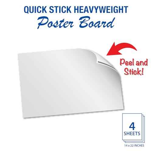 White Quick Stick Poster Board, 14¡Èx22¡È ? 4 Pack ? Self-Adhesive, Peel and Stick Poster Board with Mounting Strips ? Heavyweight 20 PT, 300 GSM ? C1S Coated ? No Tape Needed
