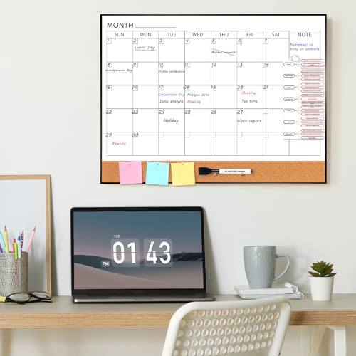 ARCOBIS 24x18 Black Wall Dry Erase Calendar with Cork Board, Includes Markers & Pins